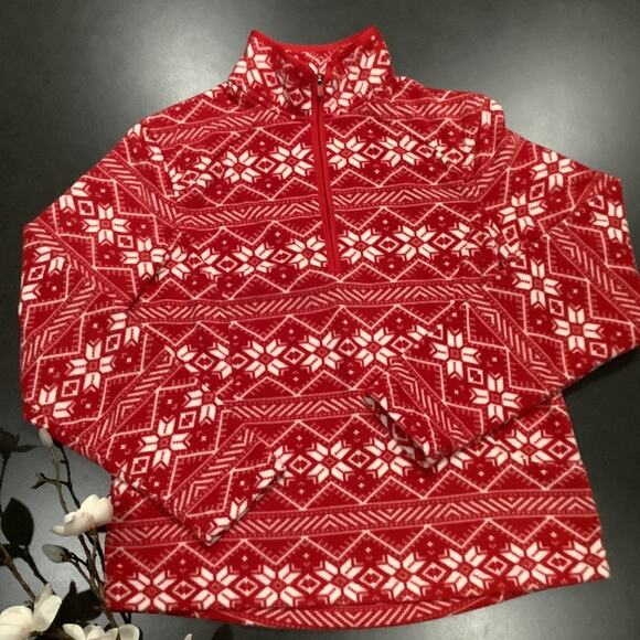 Lands’ End Fair Isle Snowflake Quarter Zip Fleece Pullover Lightweight Red White - Picture 6 of 14